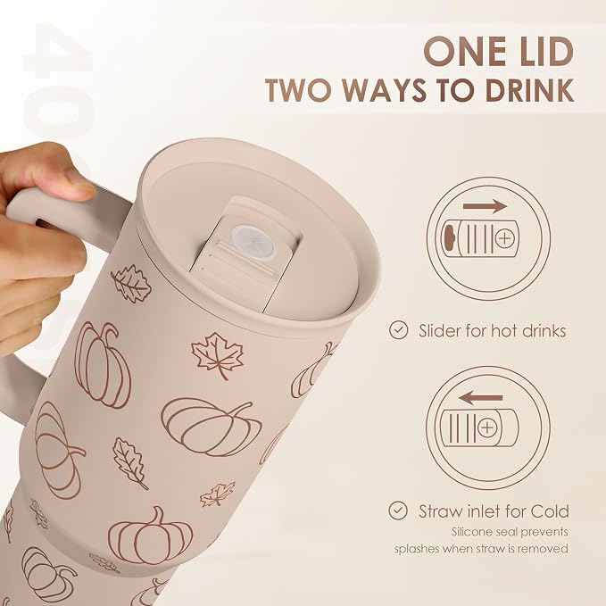 SANDJEST Pumpkin Tumbler with Handle and Straw 40oz – Stainless Sleel Slider - Image 4