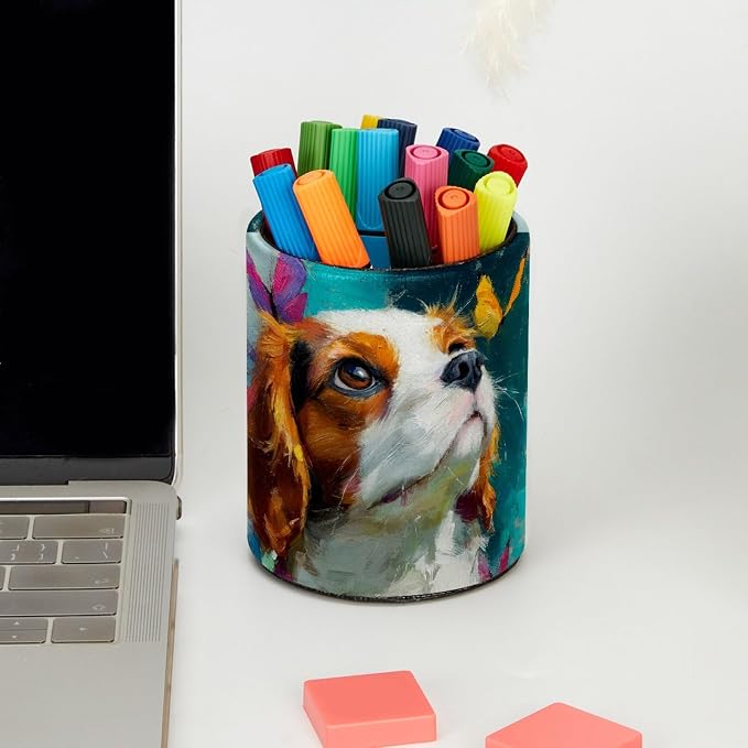 Leather Pen Holder for Desk, Beagle Butterfly Pencil Cup Pen Organizer Makeup - Image 5