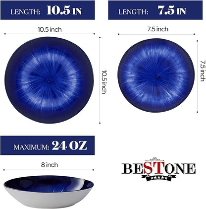 Bestone 12-Piece Round Porcelain Dinnerware Set, Service for 4, Chip Resistant Plates and Bowls, Starburst Turquoise Dark Blue, Dishwasher & Microwave Safe for Home Daily Use