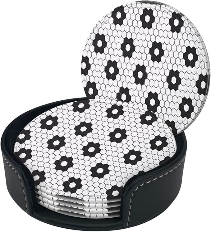 6 Pcs Black White Flower Hex Tile Print Floor Leather Coasters - Image 2
