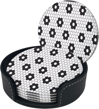6 Pcs Black White Flower Hex Tile Print Floor Leather Coasters - Image 2