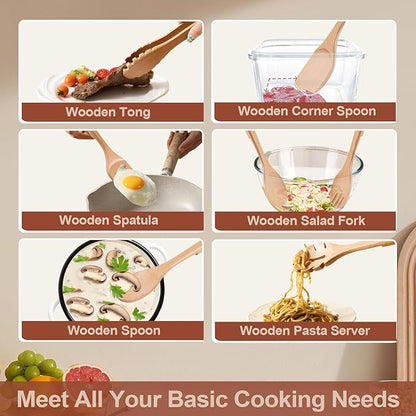 Wooden Cooking Utensils, 6 Pieces Natural Beech Wooden Spoons For Cooking with Unique Notch & Heat Resistant Design, Non-Stick Wood Kitchen Utensil Set with Hanging Hole for Kitchen Essentials