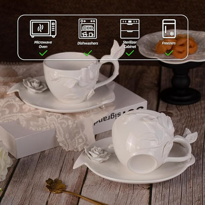 KAMMAK Tea Cups and Saucers Set of 2, 8.5 oz Porcelain Coffee Cups, 566N | - Image 3