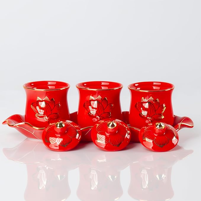 QINLANG Red Buddhist 3 Altar Cups Set, Buddha Water Cup Set of 3, Ceramic Holy - Image 3