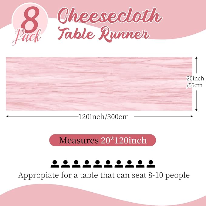 8 Pack Light Pink Cheesecloth Table Runners 20x120 Inch Gauze Table Runner - Image 2
