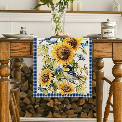 Artoid Mode Buffalo Plaid Bird Butterfly Sunflower Spring Table Runner - Image 2