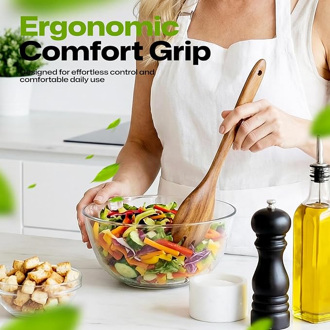 Wooden Salad Spoon Fork, 2-in-1 Teak Wood Cooking Utensil, Long Handle - Image 3