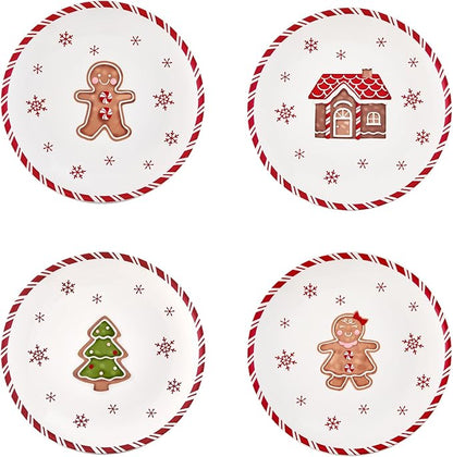 Bico Traditional Christmas Gingerbread Man Salad Plates Set of 4, 8.75 Inch Ceramic Dessert Plates for Salad, Appetizer, Side Dishes, Microwave and Dishwasher Safe, Gift for Housewarming and Christmas