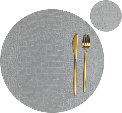 Round Leather Placemats for Round Tables Set of 8, Gray Table Place Mats and Coasters, Washable Easy to Care for Indoor Decor 13" Diameter