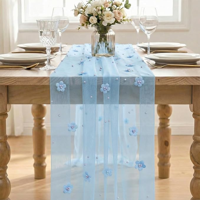 Artoid Mode Blue Flower Pearl Blue Gauze Table Runner 10FT 6PC, Seasonal Sheer - Image 2