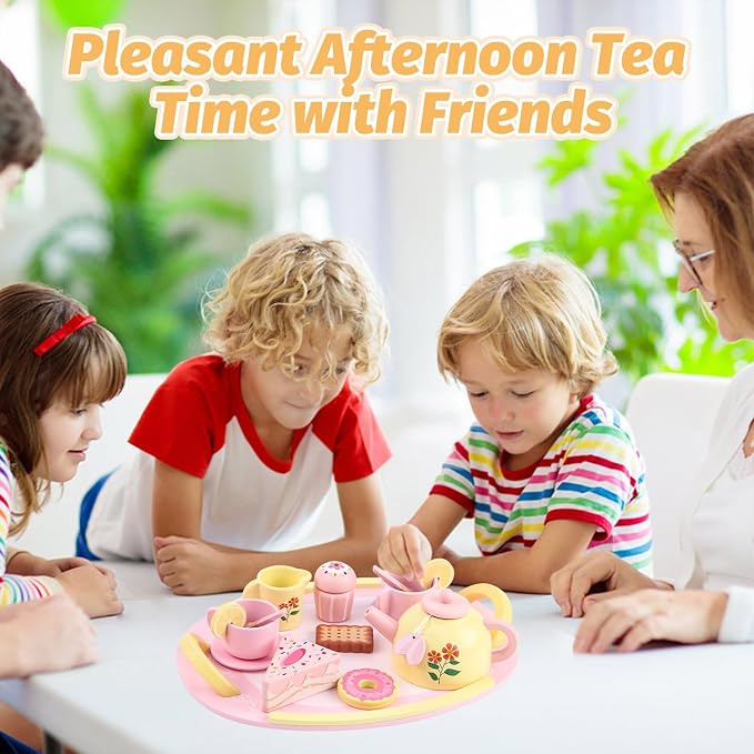 Tea Party Set Wooden Tea Sets for Toddlers 3-5 Little Girls 4-6 6-8 Kids | Kids - Image 7
