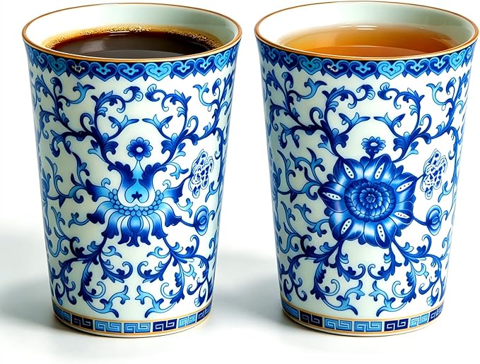 Blue and White Floral Porcelain Tea Cups Set of 2 | No Handle, Bone China by CmengAo