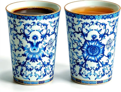 Blue and White Floral Porcelain Tea Cups Set of 2 | No Handle, Bone China by CmengAo