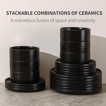 GZG Classic Series - Plates and Bowls Set for 6, 18 Piece Stoneware Dinnerware Sets, Microwave and Dishwasher Safe Lead-Free Handcrafted Ceramic Dishes Set - Matte Black