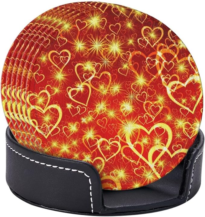 Drink Coasters with Holder Stand Set of 6, Love Heart Yellow Red Pu Leather - Image 2