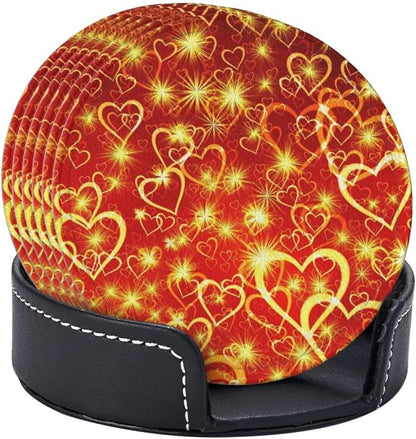 Drink Coasters with Holder Stand Set of 6, Love Heart Yellow Red Pu Leather - Image 2