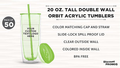Custom Tall Orbit Acrylic Tumblers 20 oz. Set of 50, Personalized Bulk Pack - Perfect for Iced Coffee, Soda, Other Hot & Cold Beverages - Lime Green
