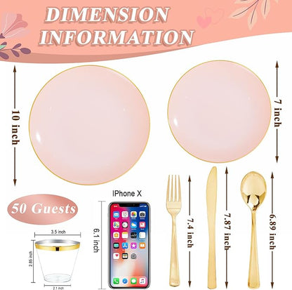 WDF 300Pcs Pink Plates Disposable - Pink and Gold Plastic Dinnerware Set for 50 Guests Include 50 Dinner & Cake Plates, 50 Disposable Cutlery, 50 9oz Cups for Wedding, Party, Valentine's Day