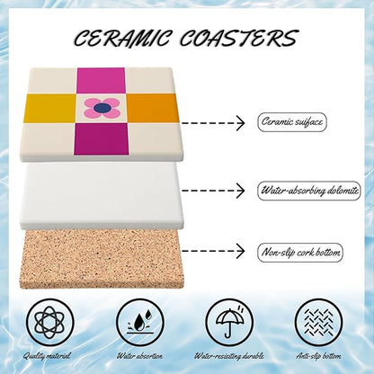 MAYCARI Contrasting Color Cartoon Flower Coasters Set of 6 Cork Backed Checkered Flower Coasters with Metal Holder Ceramic Surface Drink Cup Mats for Tabletop Protection Desk Decoration Birthday Gifts