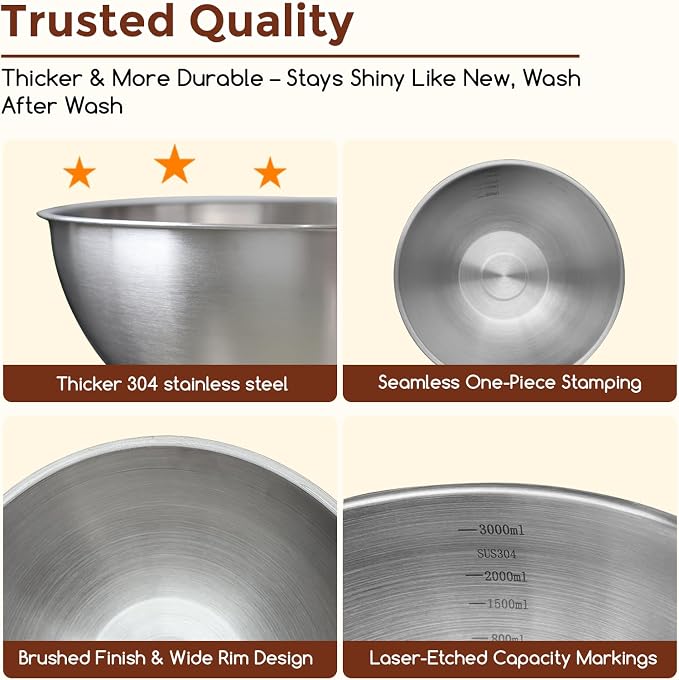Gronivex Stainless Steel Mixing Bowls Set, 3-Piece | Food-Grade Metal, - Image 3