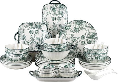Ceramic Dinnerware Set, Floral Plates and Bowls Sets, Microwave & Dishwasher by FANGJING