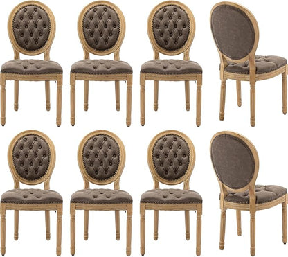 Vintage French Dining Chairs Set of 8, Round Back PU Leather Upholstered Accent Chairs with Nailhead Trim and Solid Wood Frame, Farmhouse Sillas de Comedor for Dining Room & Kitchen, Distressed Brown