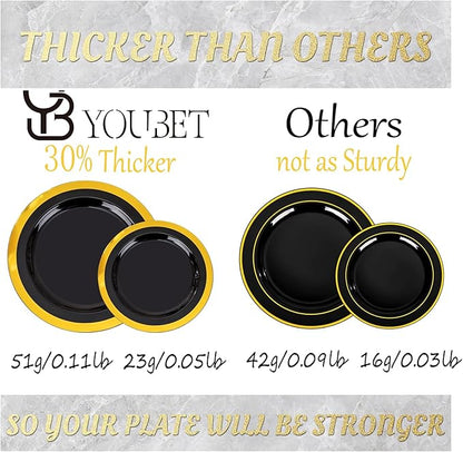 YOUBET 350PCS Black and Gold Plastic Plates - Gold Disposable Dinnerware Sets for 50 Guests - 100 Plastic Plates, 150 Gold Silverware, 50 Cups, 50 Pre Rolled Napkins for Party & Wedding