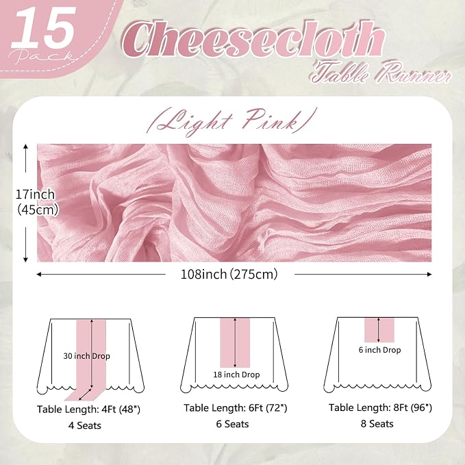 15 Pack Light Pink Cheesecloth Table Runner 17 x 108 inch Cheese Cloth Table - Image 2