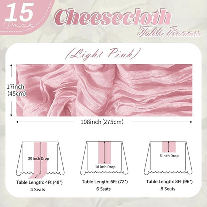 15 Pack Light Pink Cheesecloth Table Runner 17 x 108 inch Cheese Cloth Table - Image 2