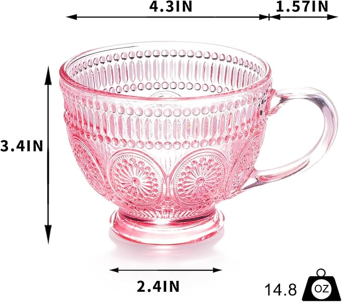 Vintage Glass Coffee Mugs with Handle-14 oz Pink Embossed Glass Cups - Image 2