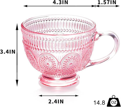 Vintage Glass Coffee Mugs with Handle-14 oz Pink Embossed Glass Cups - Image 2