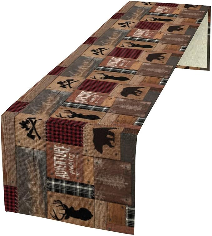 Rustic Cabin Moose Deer Bear Table Runner, Retro Bear Cottage Country Style by Yearn+Jear
