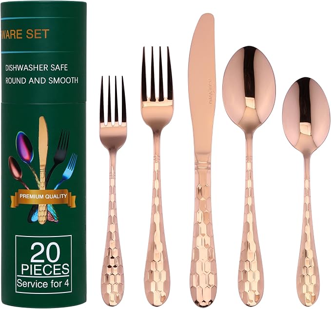 Hammered Silverware Set 20-Piece, 18/10 Stainless Steel Flatware Cutlery by AJIEVWU-BESTFORYOU