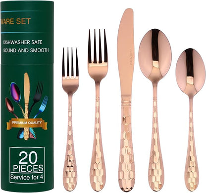 Hammered Silverware Set 20-Piece, 18/10 Stainless Steel Flatware Cutlery by AJIEVWU-BESTFORYOU