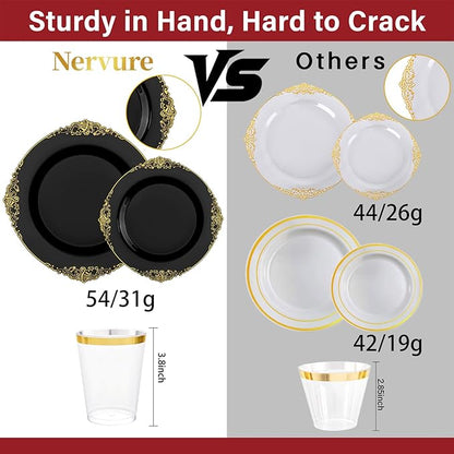 Nervure 350PCS Black Plastic Plates - Black Plastic Dinnerware Sets for 50 Guests - 100 Disposable Plates, 150 Gold Silverware, 50 Cups, 50 Napkins for Wedding & Party & New Year