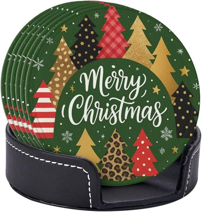 Vintage Green Christmas Tree Plaid Print Coasters - Image 2