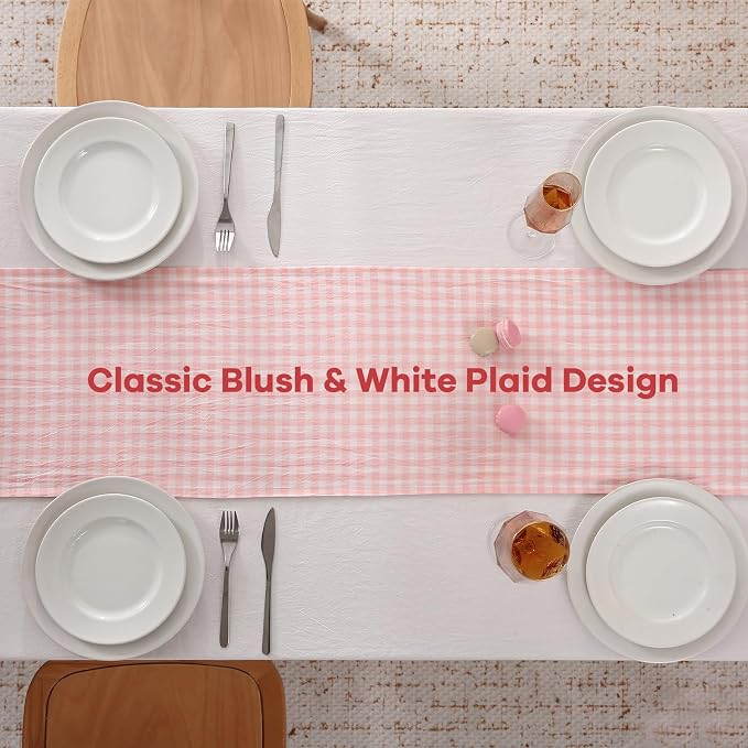 Blush White Plaid Gingham Ruffle Table Runner 120 inches Long 100% Washed - Image 4