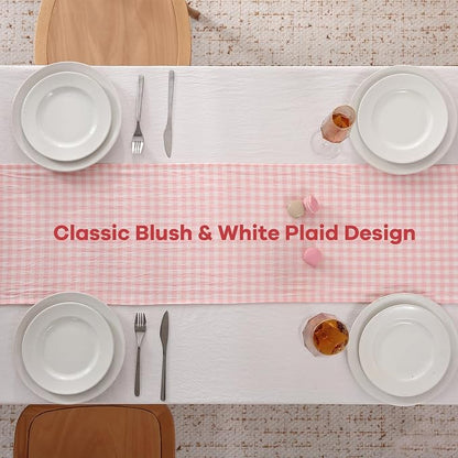 Blush White Plaid Gingham Ruffle Table Runner 120 inches Long 100% Washed - Image 4