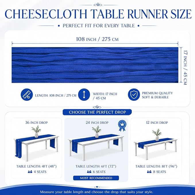 12 Pack Royal Blue Cheesecloth Table Runner 17x108 Inch Boho Rustic Semi Sheer - Image 3