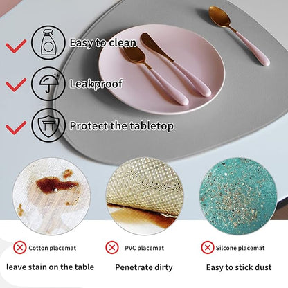 Faux Leather Placemats and Coasters Set of 2, Round Leather for Dinner Table Mats Heat Resistant Non-Slip Insulation Coffee Mats Kitchen Place Mats Nordic Style (Light Gray, 2 Placemats+2 Coasters)