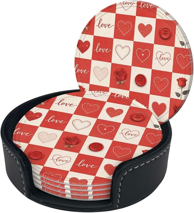 Romantic Love Hearts Checkered Roses Leather Coasters Set of 6 - Image 2