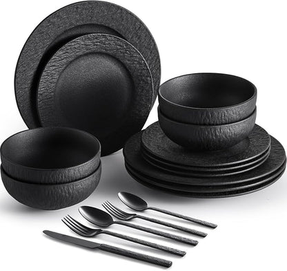 Black Dinnerware Sets with flatware, 32-Piece Matte Marble Pattern Premium by KINGSTONE