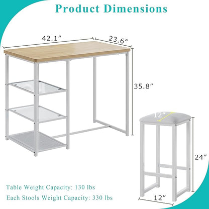VECELO Small Bar Table and Chairs Set for 2, Upholstered Stools & Glass Storage Shelves, for Kitchen Dining Breakfast Nook, Space-Saving, Natural & White
