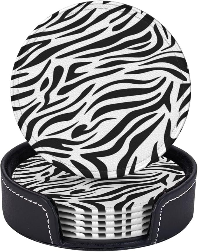 Drink Coasters with Holder Stand Set of 6, Zebra Stripes Print Pu Leather by Unknown