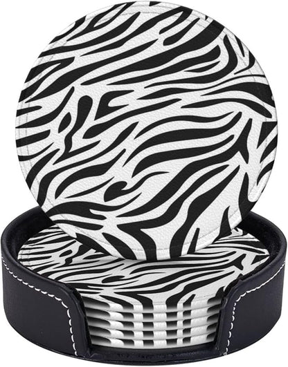 Drink Coasters with Holder Stand Set of 6, Zebra Stripes Print Pu Leather by Unknown