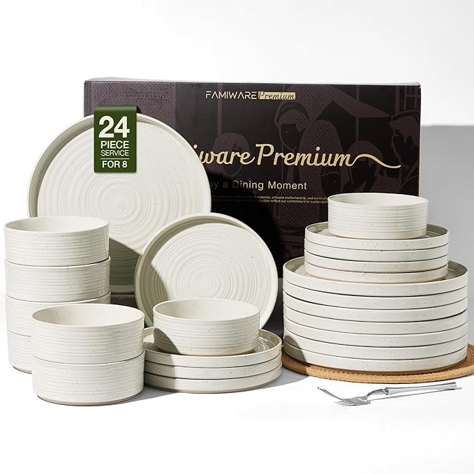 Stoneware Dinnerware Set for 8, Plates and Bowls by FamiwarePremium