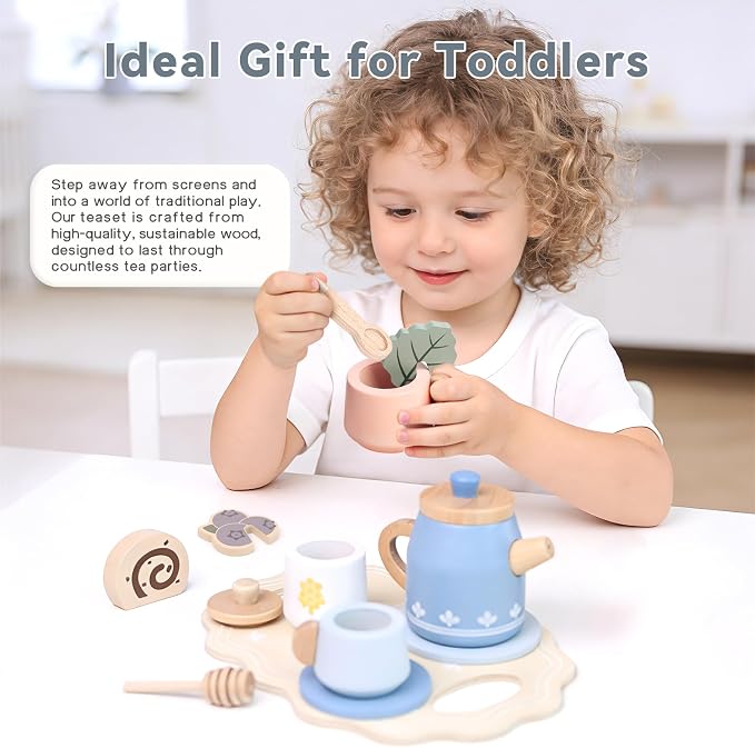 Wooden Tea Set for Little Girls, Play Food Sets for Kids Pretend Play Kitchen - Image 6