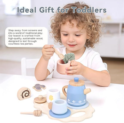 Wooden Tea Set for Little Girls, Play Food Sets for Kids Pretend Play Kitchen - Image 6