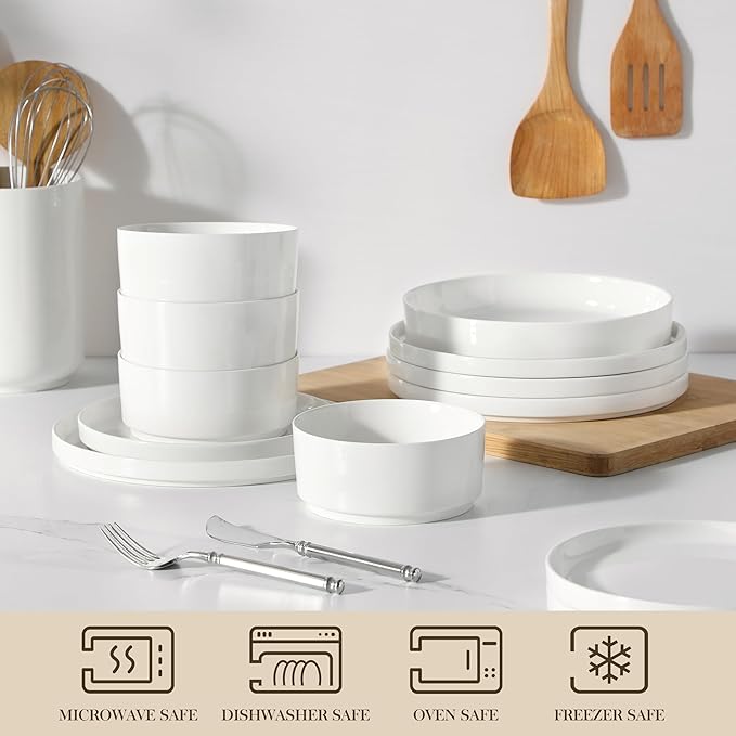 MALACASA 24 Pieces Porcelain Dinnerware Set, Modern White Dish Set - Image 4