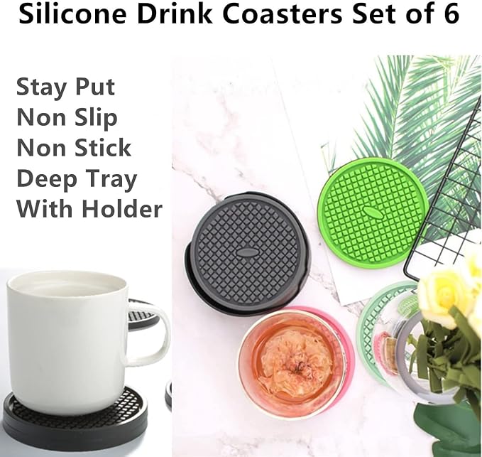 IYYI Silicone Drink Coasters Set of 6 in Holder, Cup Coaster - Image 4